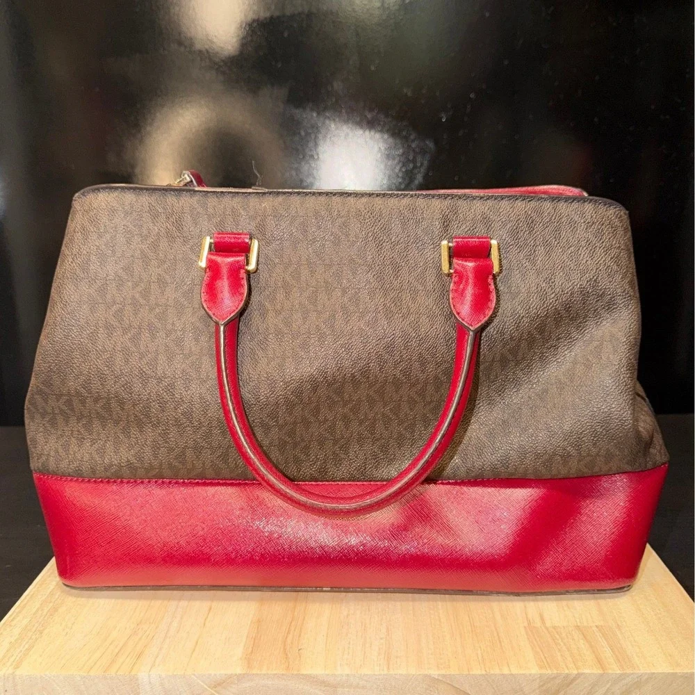 Michael Kors Handbag Tote Brown Signature‎ Red Leather Convertible Strap